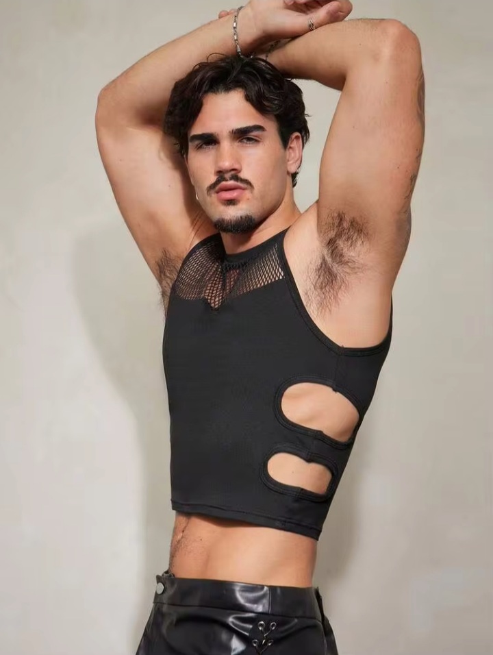 Men's Black Mesh Cut-Out Sleeveless Crop Tank Top – Slim Fit Fashion Party Vest